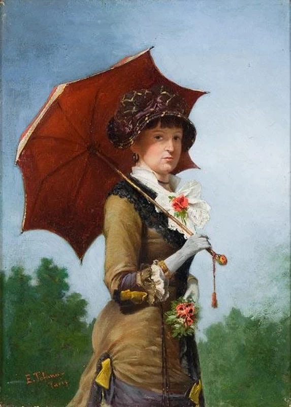 Ritratto di donna con ombrello in paesaggio